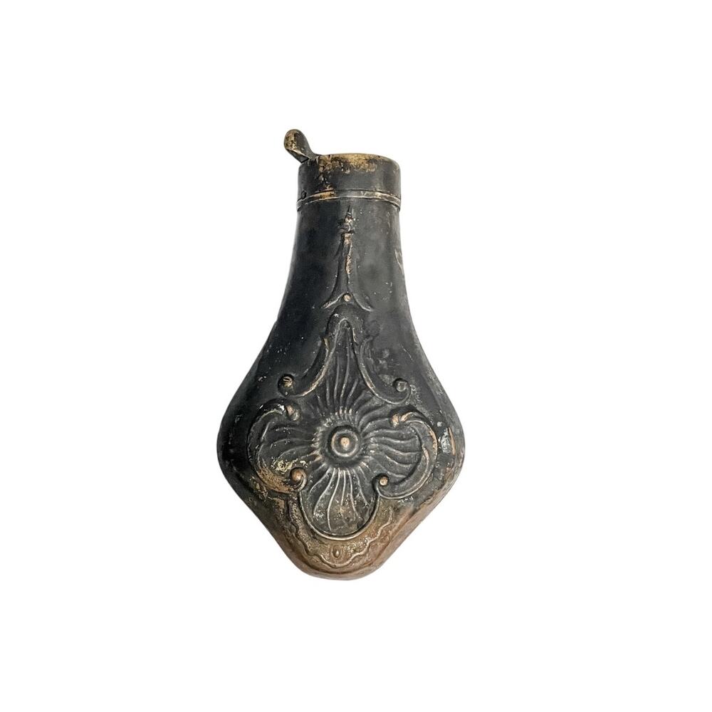 Antique 19th Century Copper Powder Flask Embossed Design